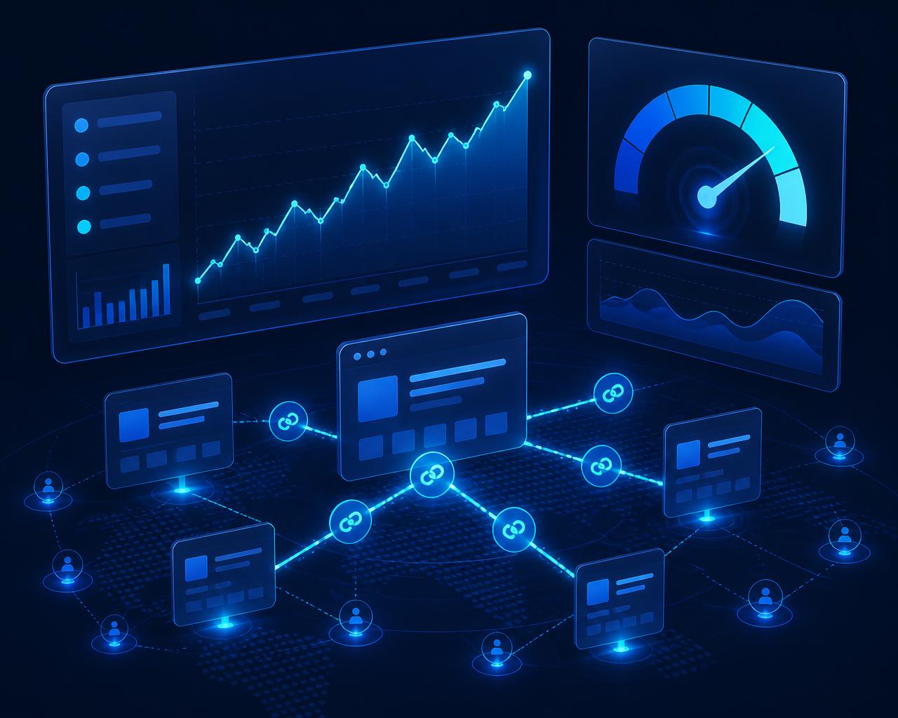Enterprise SEO analytics visualization showing backlink connections between publisher websites, an organic ranking growth chart and an authority score gauge